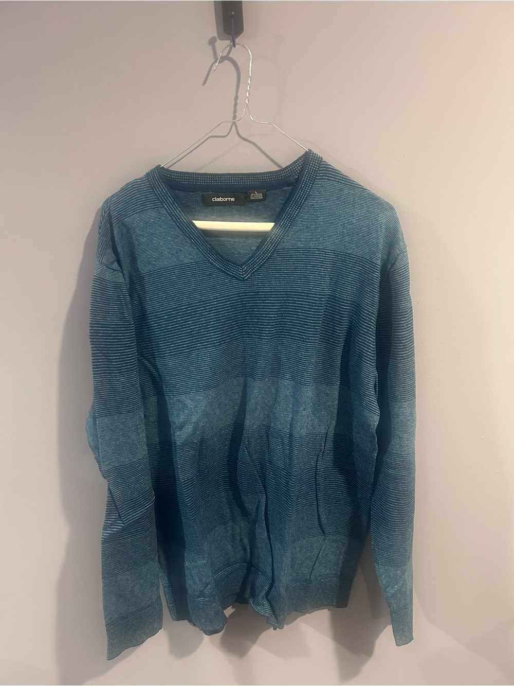 Claiborne Men’s Teal Blue V-Neck Striped Sweater | Size Medium